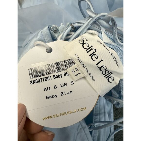 NWT SELFIE LESLIE PIXI OFF-SHOULDER LACE-UP BACK BACK DRESS Baby Blue S - Picture 7 of 8